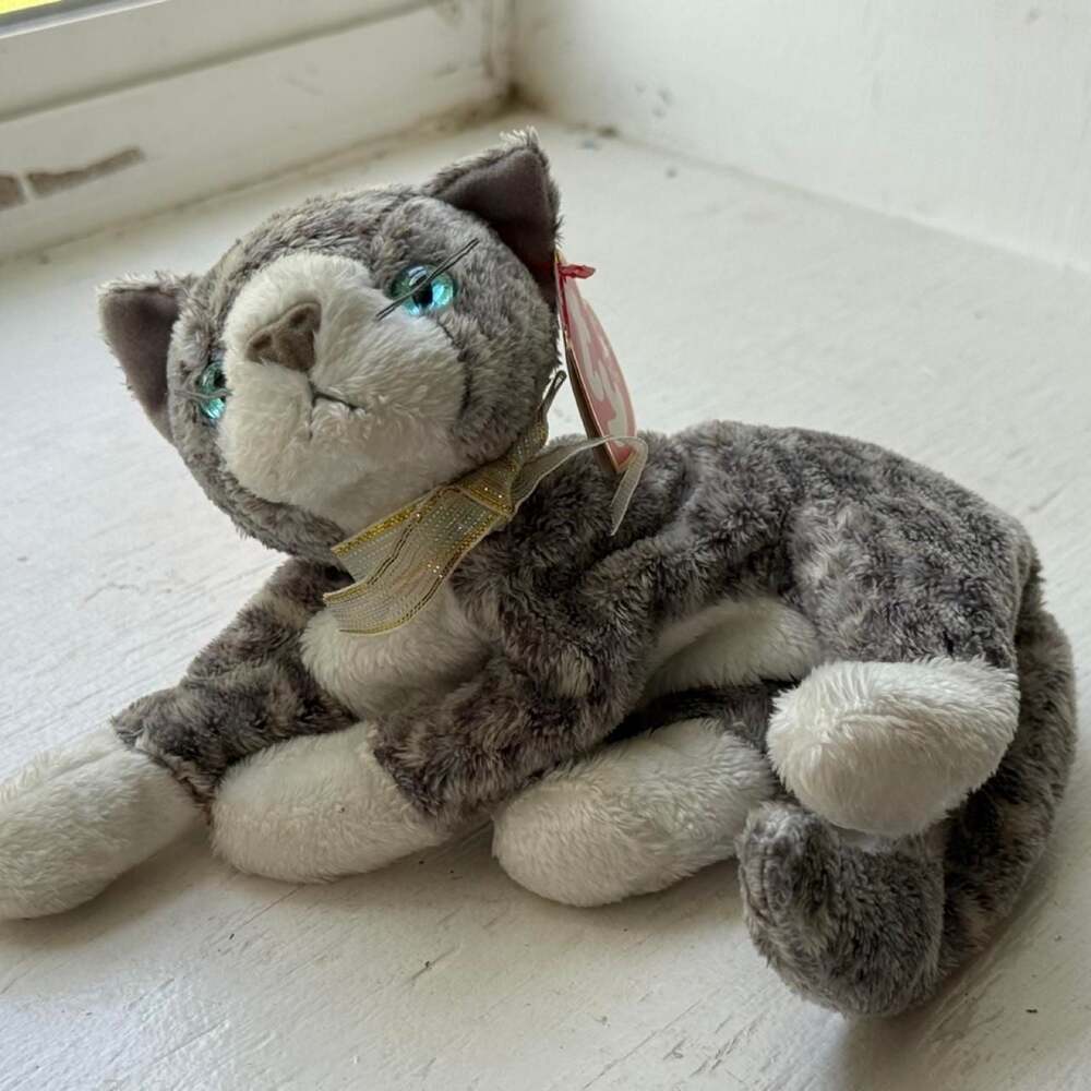 Ty Beanie Baby Purr Grey Tabby Cat Plush Toy